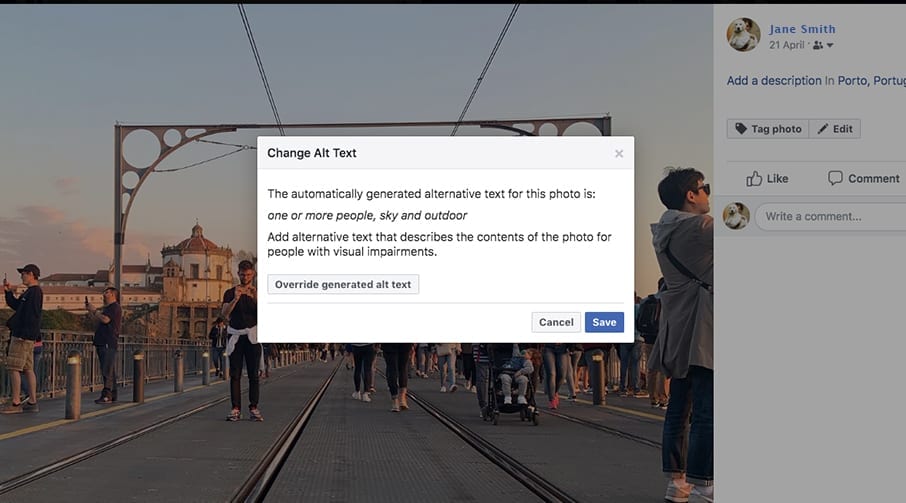 Change alt text pop up with the text: 'The automatically generated alternative text for this photo is one or more people, sky and outdoor'. Add alternative text that describes the contents of the photo for people with visual impairments. Override generated alt text button.