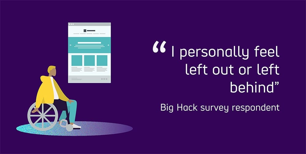 Graphic text reads "I personally feel left out or left behind." Quote from a Big Hack survey respondent.
