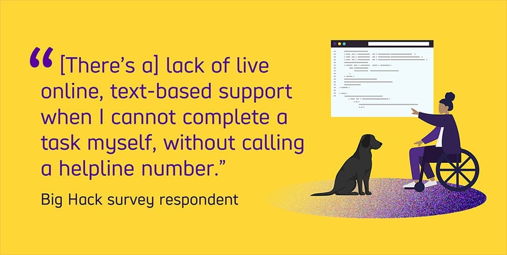 Graphic text reads "There's a lack of online, text-based support when I cannot complete a task myself, without calling a number." from a Big Hack survey respondent.