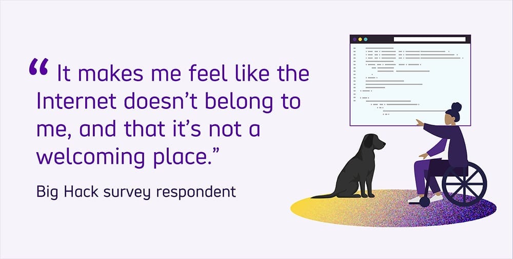 Quoted text reads: "It makes me feel like the internet doesn't belong to me, and that it's not a welcoming place." featuring a quote from a Big Hack survey respondent.
