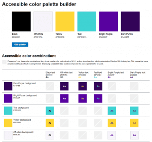 Accessible colour palette builder with Scope's colours of dark purple, bright purple, teal, yellow and off-white. It shows the accessible combinations, like dark purple with teal, yellow or off-white. It also shows the inaccessible colours, like off-white with teal or yellow.