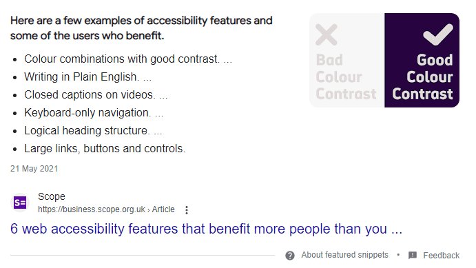 Screenshot of a featured snippet showing a bullet list of accessibility features. The first listed item is colour contrast and there's an image showing good and bad contrast next to the list also pulled through from the page. The link to the article sits at the bottom. 