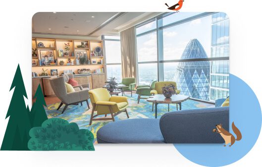 A room on the Ohana floor in the Salesforce Tower. It has comfy chairs and floor to ceiling windows with a view of the Gherkin building.